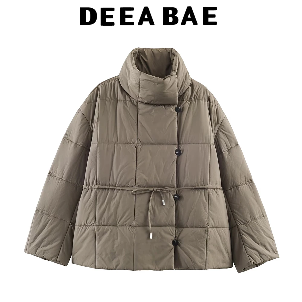DEEABAE Nuovo abbigliamento invernale da donna stile minimalista monopetto collo alto a maniche lunghe stile corto con piumino con cintura