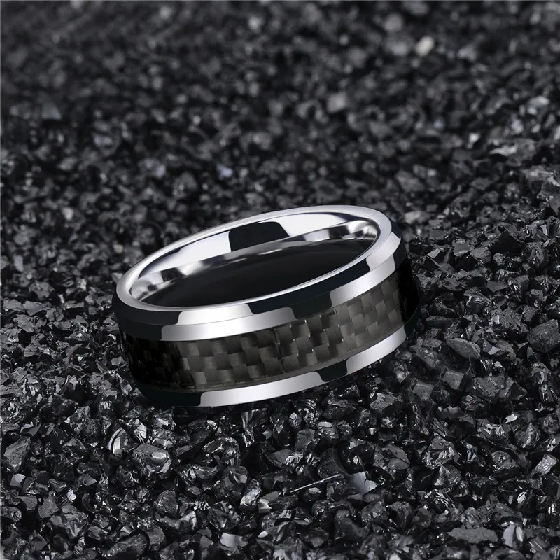 Tigrade 6/8mm Black Carbon Fiber Men\'s Ring Tungsten Carbide Engagement Ring Wedding Band Men Women Design anel mascul