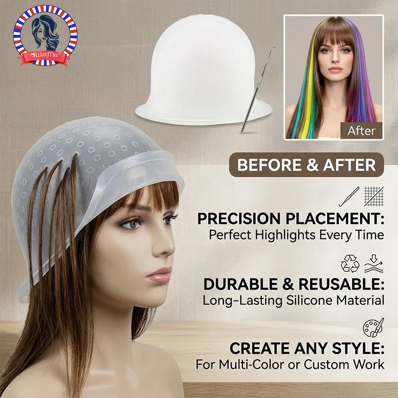 Silicone Hair Highlight Coloring Cap with Hook Needle, Professional Frosting Hair Dyeing Hat Salon Barber Hair Styling Dye Tools