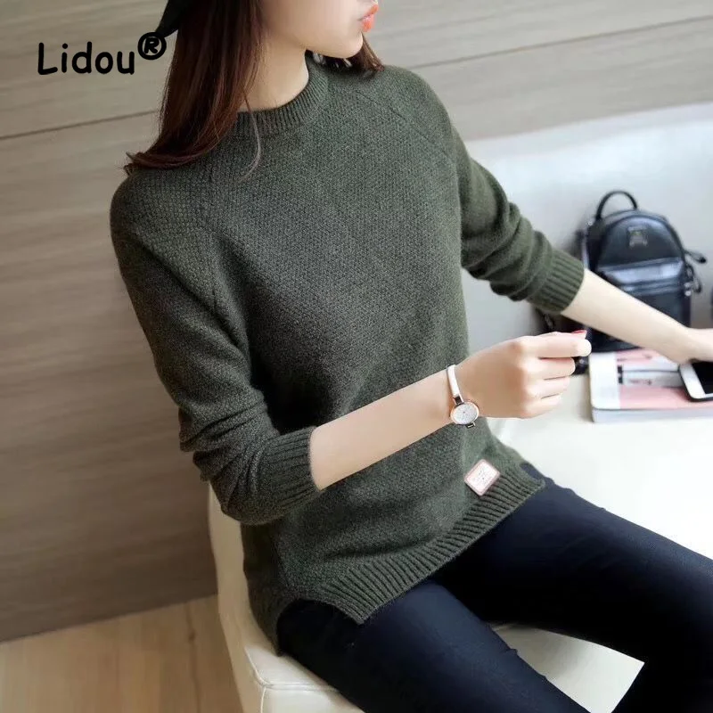 Fashion Autumn Winter Solid Color Loose Knitting Sweaters New Long Sleeve All-match Fresh Korean Split Fork Pullover Top 2022