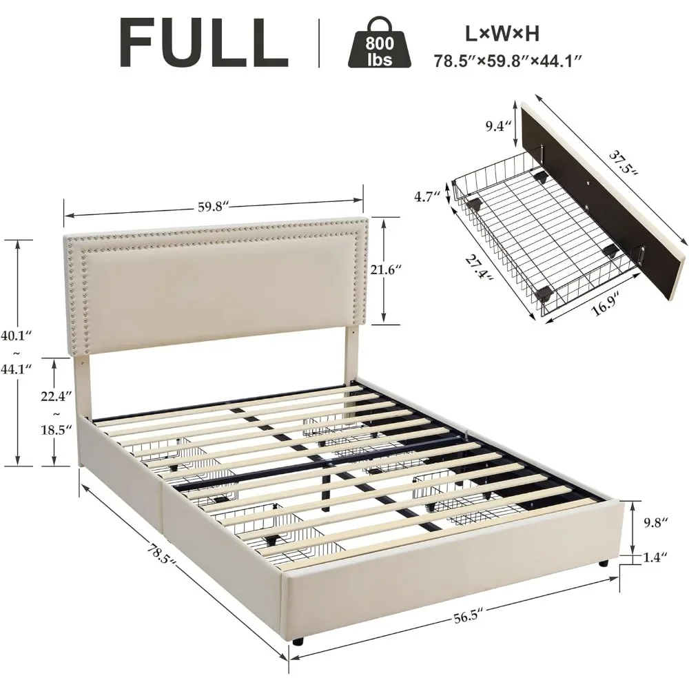 Full Size Upholstered Platform Bed Frame with 4 Storage Drawers, Adjustable Velvet Rivets Headboard, Easy Assembly