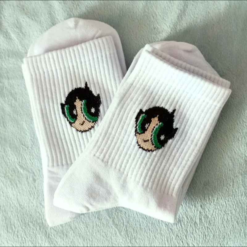 The Powerpuff Girls Women Cotton Socks Cute Breathable White Socks Japanese Style Cartoon Embroidery Girl Casual Stockings Gifts