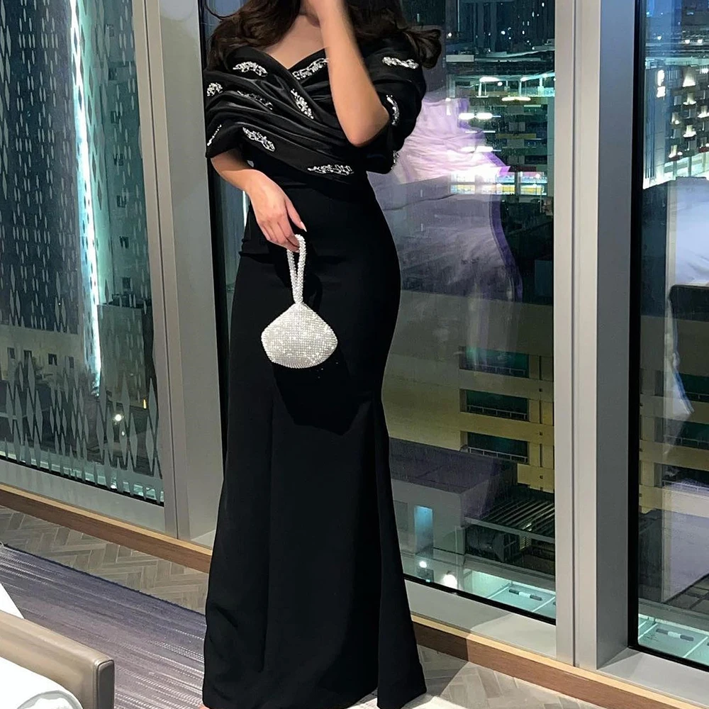 Temperament  Crystal Ruched Boat Neck Floor Length Straight Evening Dress Jersey Off the Shoulder Zipper Back Vestidos de fiesta