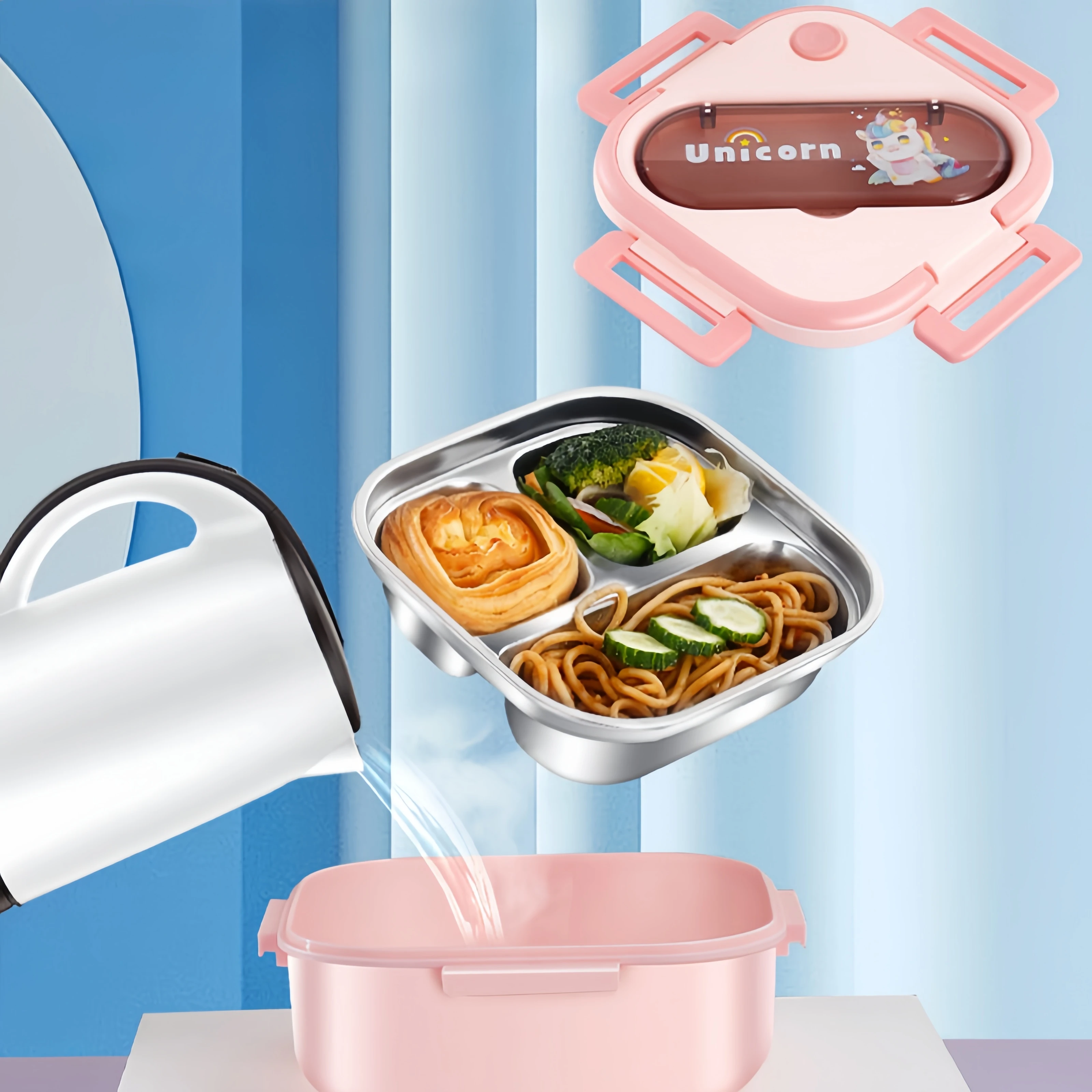 3-Grid Unicorn Stainless Steel Children Lunch Box Student Sandwich Fruit Food Storage Container Cartoon Children Bento Box Schoo