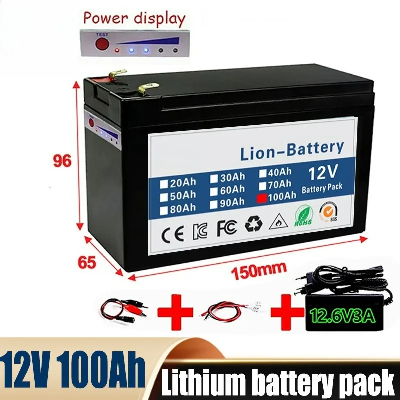 

For 12V Battery 100Ah 18650 Lithium Battery Pack Solar LED Light Power Display 12V 3A Charger