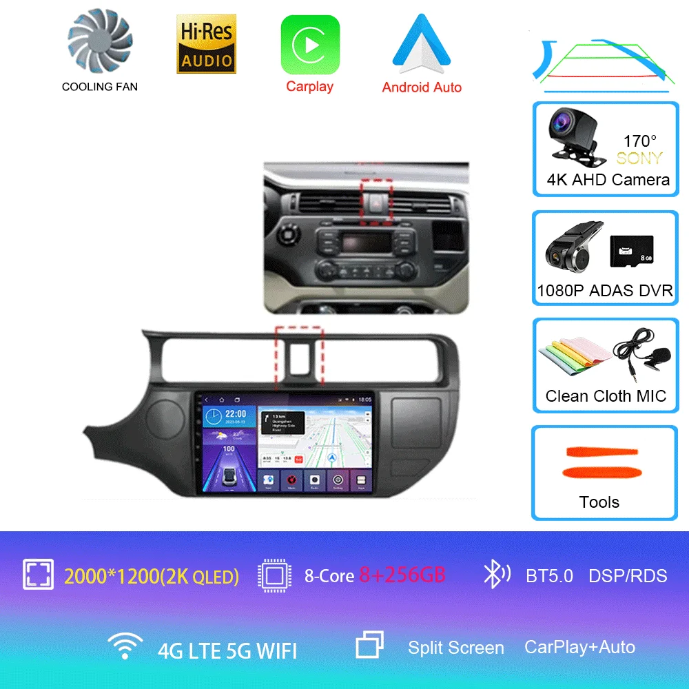 Android 16 Carplay Auto voor Kia RIO 4 K3 2011 2012 2013 - 2017 autoradio multimediaspeler navigatie GPS geen 2Din 2 Din
