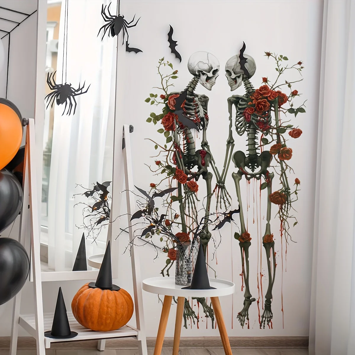2 Sheets Bat Skull Rose Halloween Wall Stickers Self Adhesive Gothic Decals for Living Room Bedroom Sofa Background Home Decor - view 2