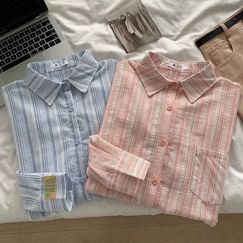 

Women's Striped Blouse Cotton Office Female's Top Autumn Vintage Oversized Shirts Blouses Mid-Length Sun Protection Casual Shirt