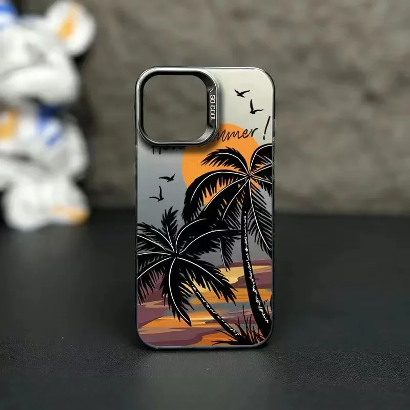 Coconut tree Silver Phone Case For iPhone 11 12 13 14 15 Pro Max X XR XS Max 7 8 15 Plus SE Summer scenery Shockproof hard Cover