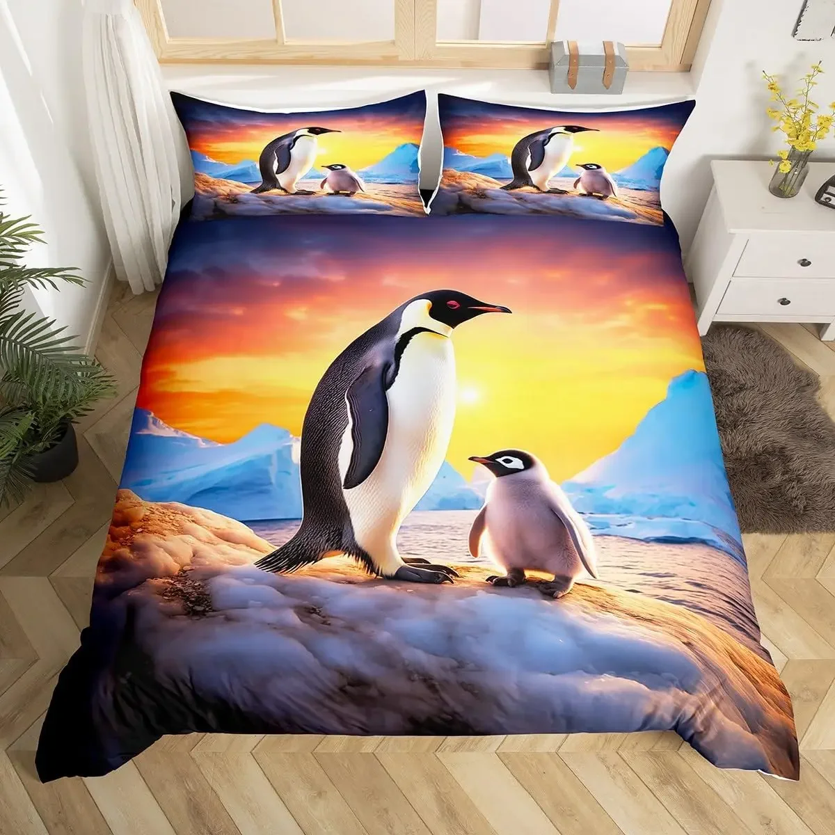 Cartoon Penguin Family Duvet Cover Full Queen,Watercolor Aurora Neon Bedding Set,Cute Wildlife Mountain Print Comforter Cover