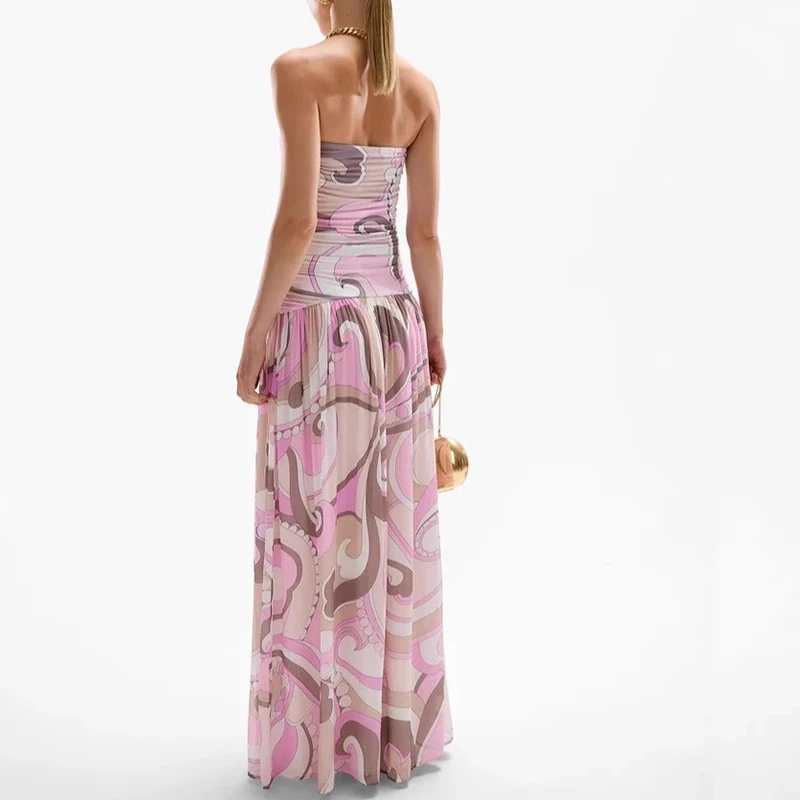 オフショルダープリーツイブニングドレス、ハイストリートでおしゃれなスリムドレス、エレガントな柄プリントチューブトップパーティロングドレス