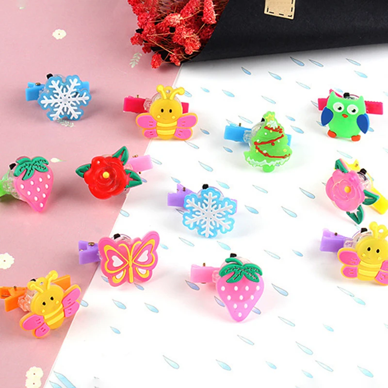 12Pcs/bag Cartoon Cute Soft Rubber Glowing Hair Clips Girl Glitter Headdress Children's Holiday Party Light-up Toy Birthday Gift