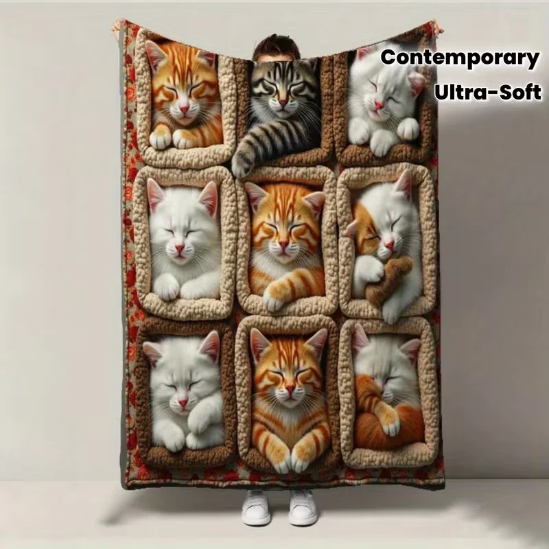 Ultra-Soft Cat-Themed Flannel Blanket Suitable Winter Warmth Spring Cozy Cute Kitten Patterns Contemporary Bedspread for Use