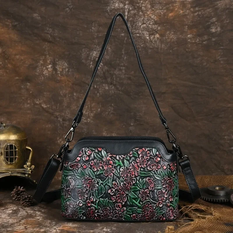 2024 Winter Genuine Leather Retro Embossed Flower Women Bag Ladies Versatile Cowhide Hand Painted Small Shoulder Crossbody Bags