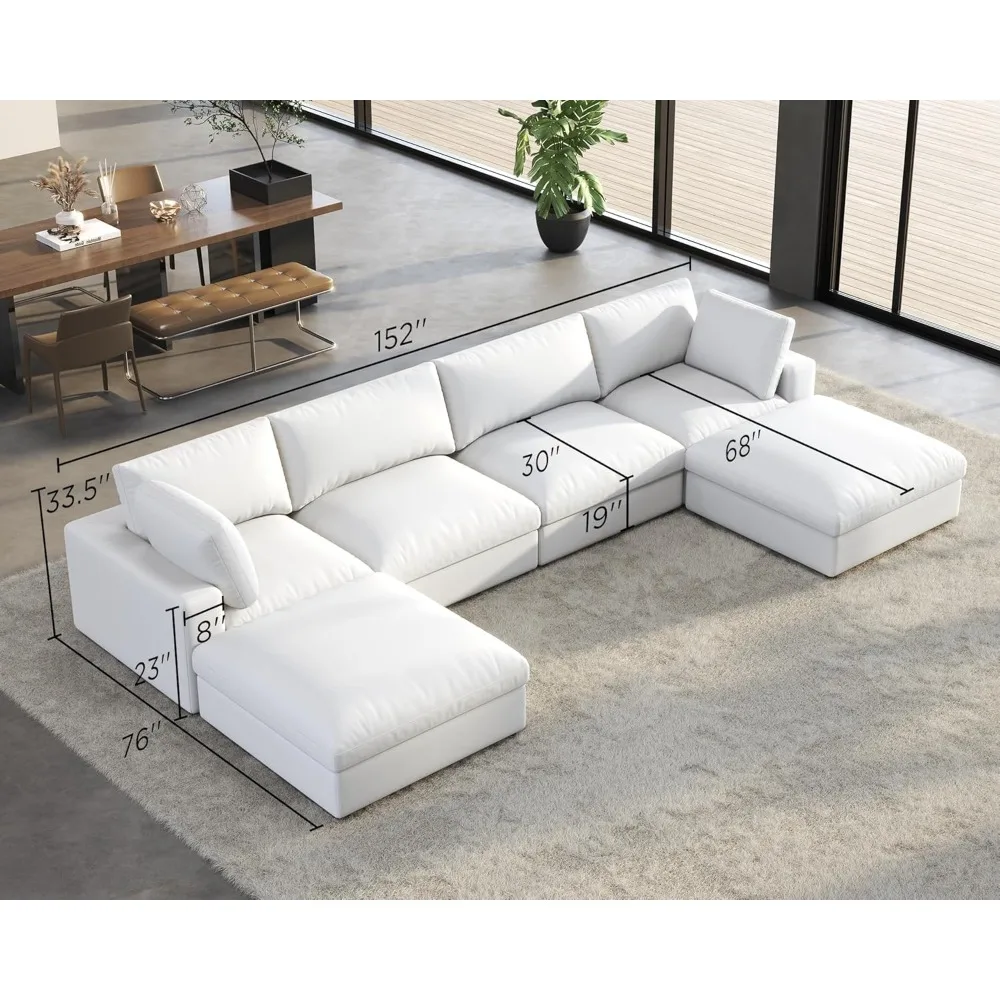 152 Inches Modular Sectional Sofa, Feather Down Filled, 6 Seats U Shaped Couch with Chaise, Ottoman,for Living Room Apartment