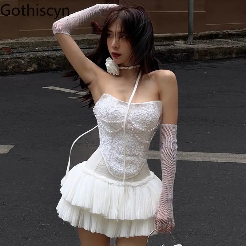 

Gothiscyn Sweet Girl Set Women's Summer Lace-up Back Strapless Top Pleateed A-line Skirt Two-piece Set Fashion Female Clothes