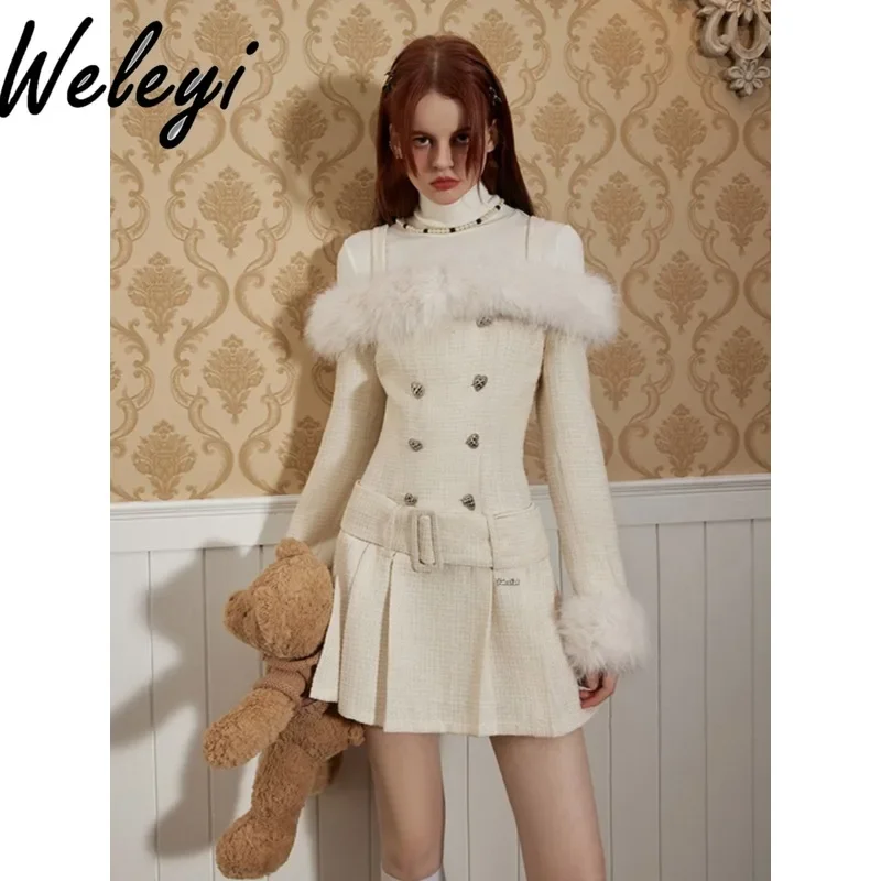 White Small Fragrant Wind Suspender Dresses for Women Autumn and Winter Streetwear New Fur Collar A Shaped Slim Pleated Kleider