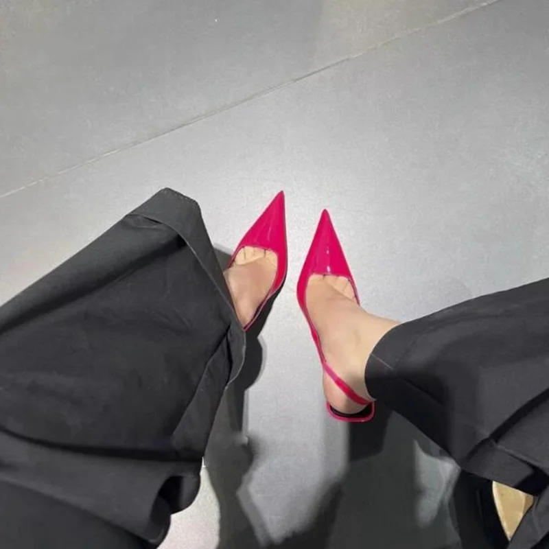 Sexy Pointy Toe Slingback Women Pumps Fuchsia Patent Leather Cutouts Hollow Stiletto Heels Club Party Evening Dress Shoes