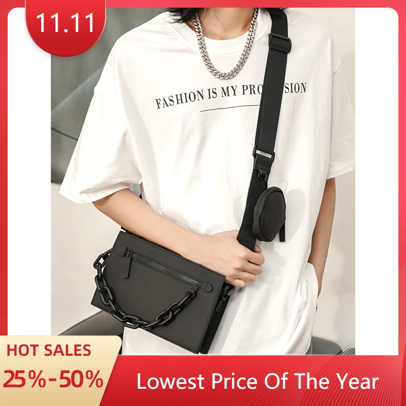 Hot Sale Luxury Leather Men's Bag With Small Circle Purse 2Pcs Trendy Brand Box Bag Chain Square Bags Envelope Handbag Male