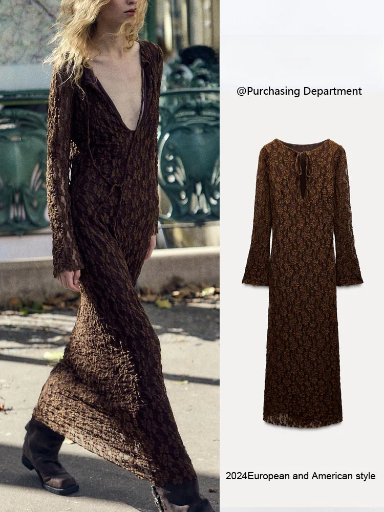 

New Autumn Lace Long Sleeve round Neck Dress Women's Versatile Slimming Gown Daily Wear Elegant Classy Long Dress