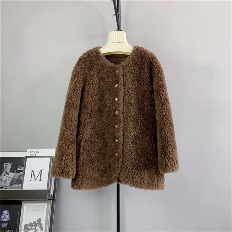 Casaco real de pele de cordeiro médio para mulheres, shearling de ovelha, jaqueta quente, gola redonda, PT433