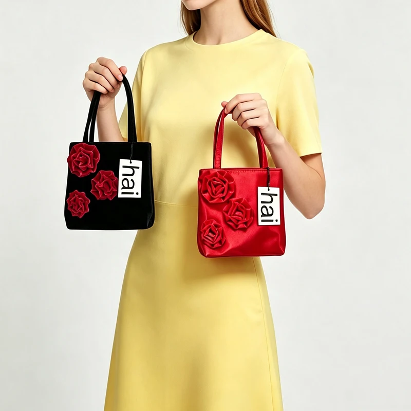 Luxury Designer Silk Satin Women's Vintage Roses Handbag Contrast Color Underarm Phone Bag Fashion Square Tote Purse for Ladies
