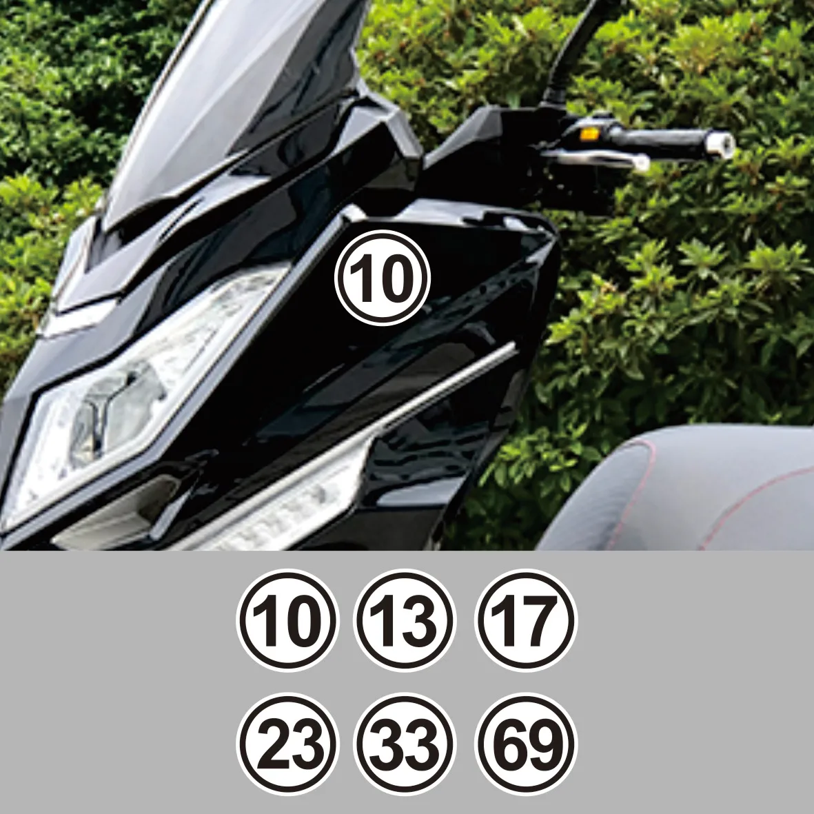 White Background Custom Made Racing Number 10 11 13 17 23 69 77 in Circle Car Sticker Waterproof Stickers for Motorcycle Helmet