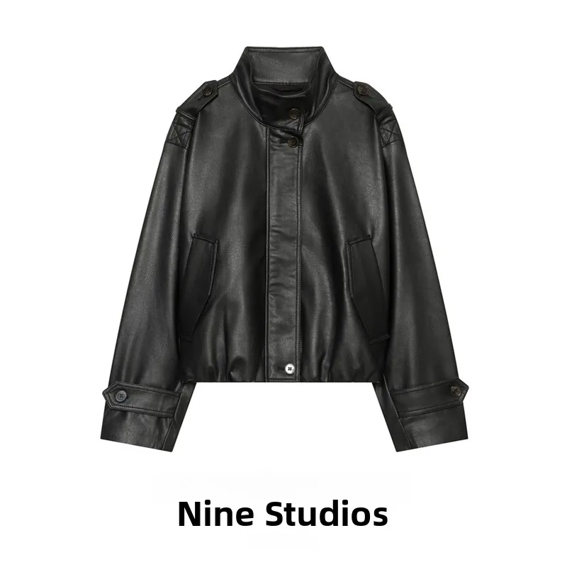 NINE ZAR Women's Short Biker Style PU Coated Jacket Large Silhouette Synthetic Leather Long Sleeve Zipper Closure Coat