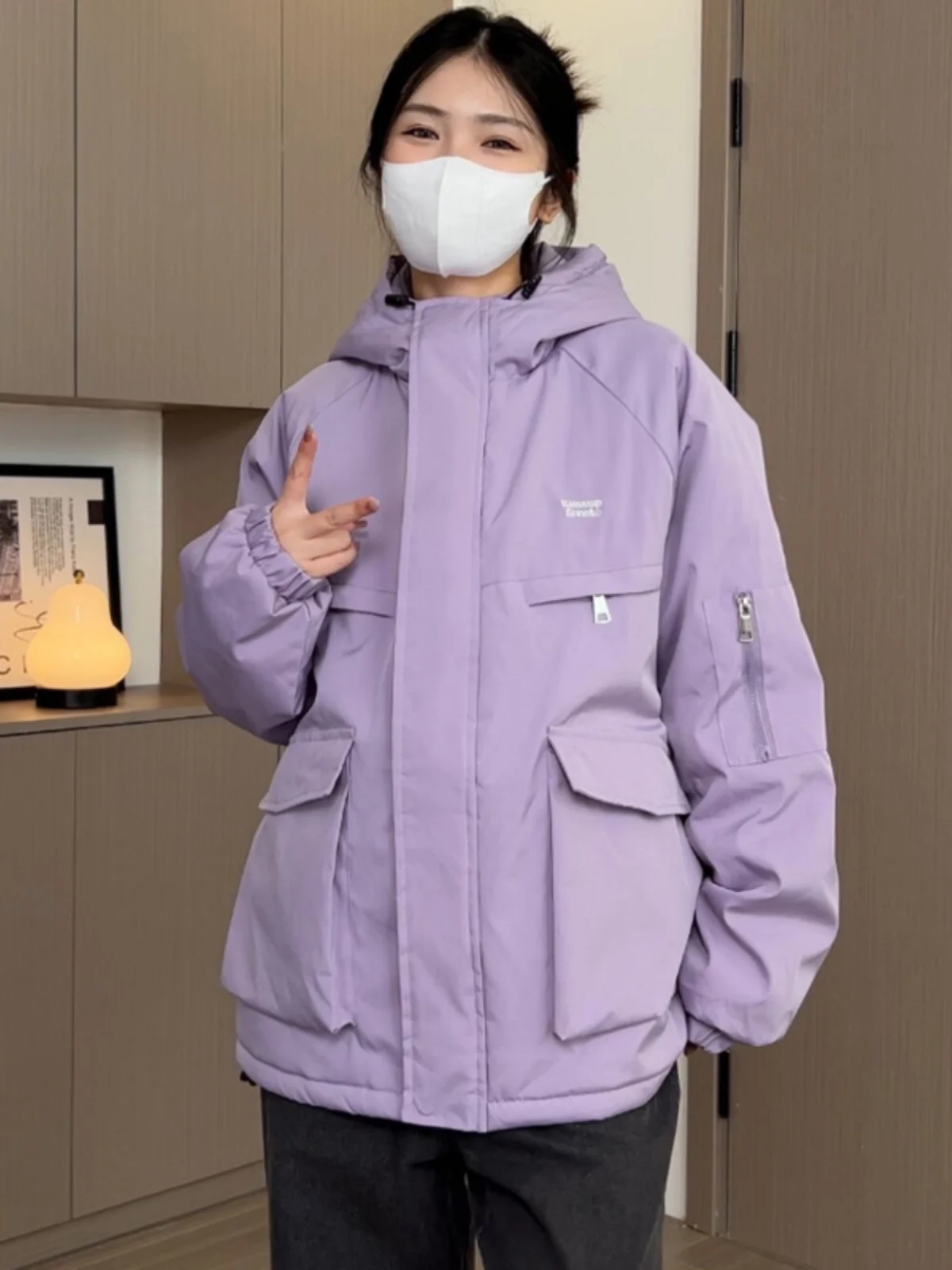 

American Sle Thiened Outdoor Cotton Jaet for Women Winter Coat Trench Coat Loose Fit Hooded Workwear Sle Zipper Closure