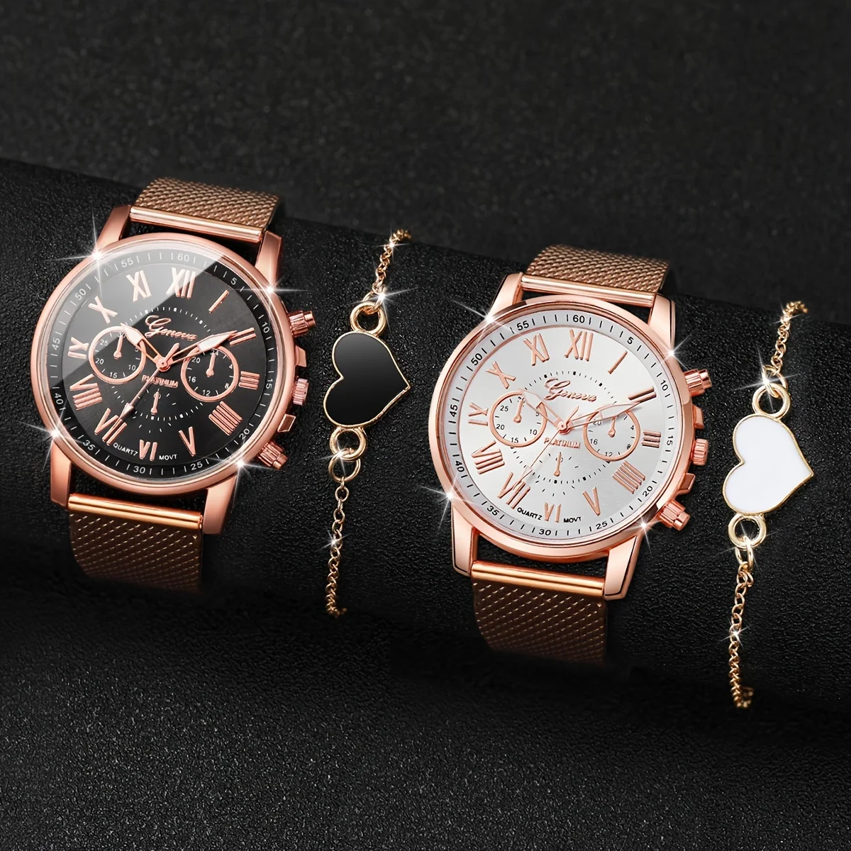 4 Piece Set Of Fashionable Simple And Luxurious Couple Watch Black White Heartshaped Bracelet Set Watch Alloy Strap Quartz Watch