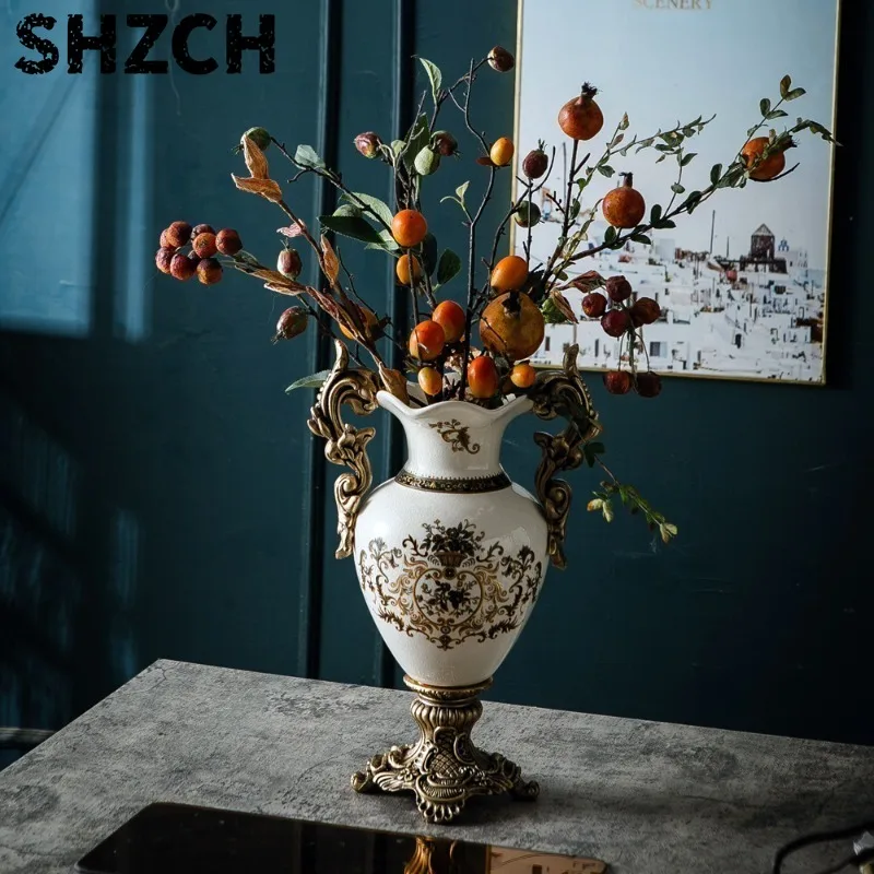 European Retro Double-ear Ceramic Trophy Vase High Grade Floor Vase Villa Living Room Desktop Flower Decorative Craft  Vases