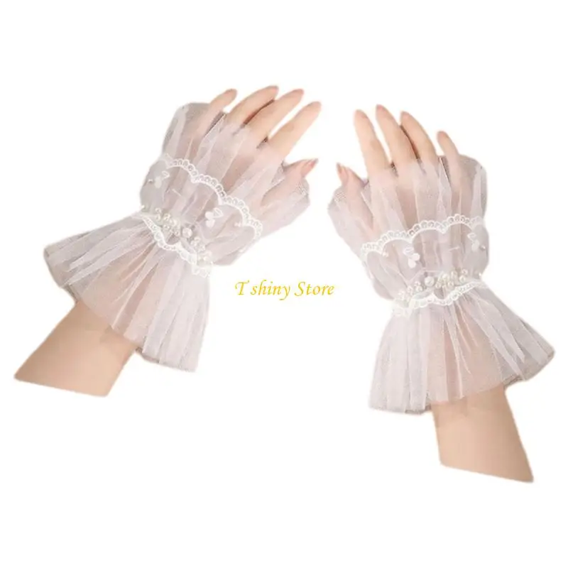 N58F Lace Sleeves Arm Cover With Pearls Decors Decorative Sleeves For Women Various Outfit Styling Wrist Cuffs Decoration