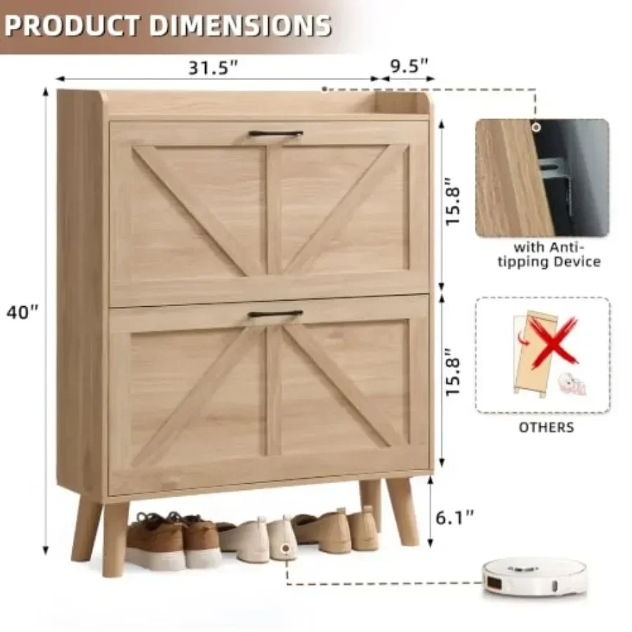 Entryway shoe cabinet storage with 2 flip drawers, engineered wood, matte white, space-saving vertical design