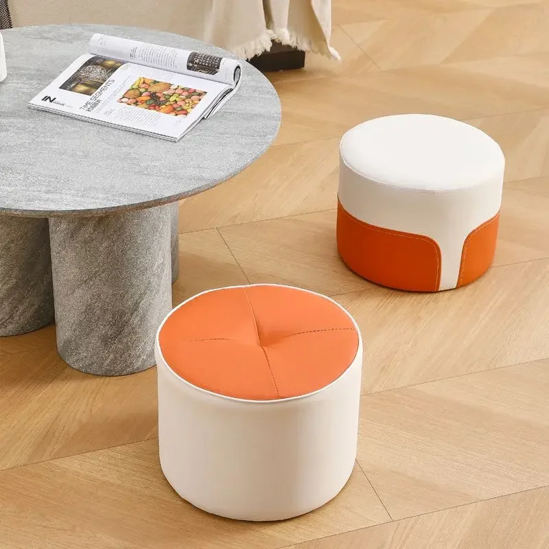 

Small Low Round Stools Simple Living Room Furniture Ottomans Doorstep Shoe Changing Stools Tea Table Side PU Leather Pedal Stool