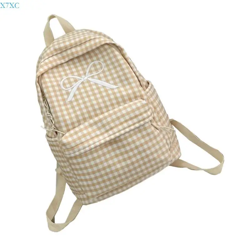 

X7XC Japanese Checkered Bowknot Backpack for School Student with Large Capacity