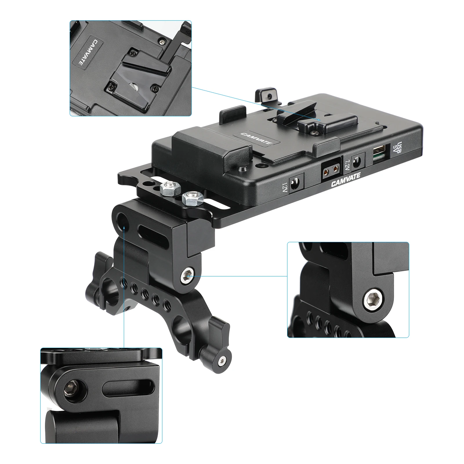 CAMVATE Quick Release V Mount Power Splitter Adapter W 90° Flip-open Adjustment Connector And 15mm Rail Clamp fr Camera Monitor