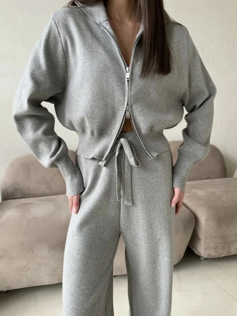 Modische Strick-Zweiteiler-Sets für Damen, Herbstkleidung für Frauen 2026, Langarm-Reißverschluss-Pullover und Hosenanzug, Strick-Sets für Damen