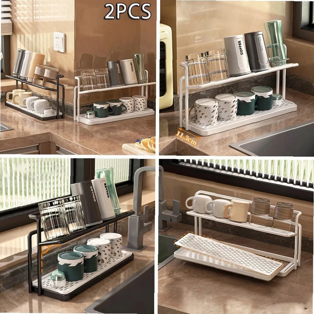 

Stainless Steel 2-Tier Drying Rack with Drain Tray, Space Saving Cup & Mug Holder for Kitchen Storage