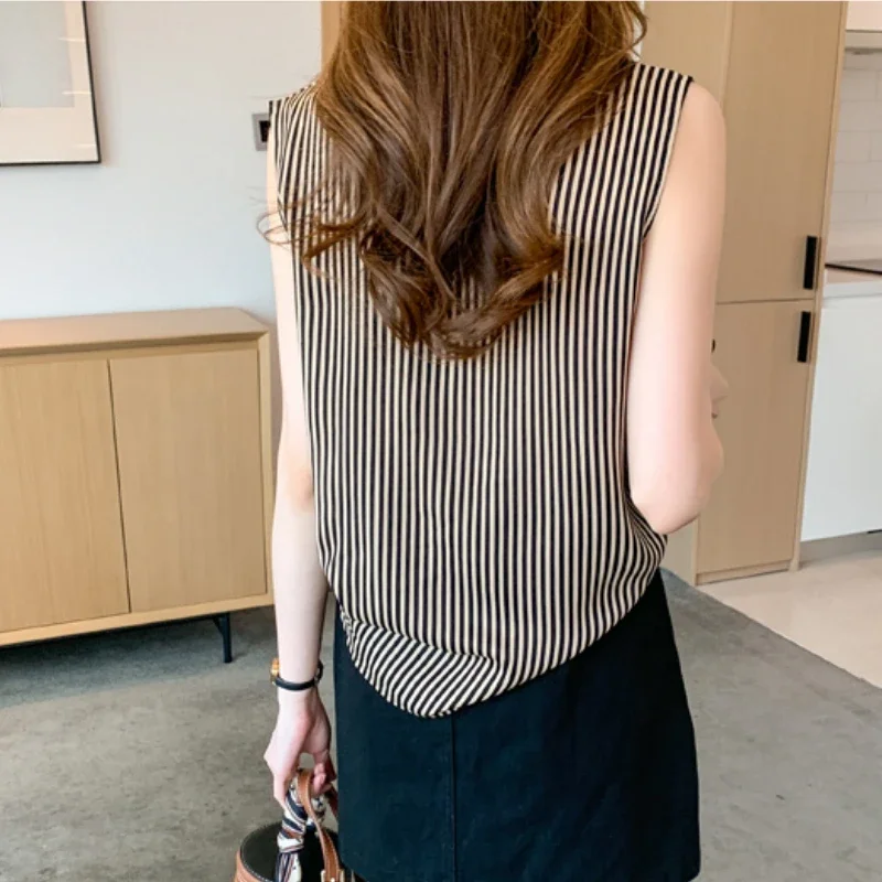 Stripe Women\'s Shirt Fashion Woman Blouse 2024 Female Clothing Sleeveless Womens Tops Elegant and Youth Woman Blouses OL Shirts