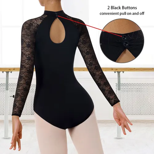 Imagen 2 del producto Leotardos de danza de Ballet de manga larga con cuello alto para mujer, Tops de baile de gimnasia para adultos con espalda hueca en forma de gota de agua y forro suave