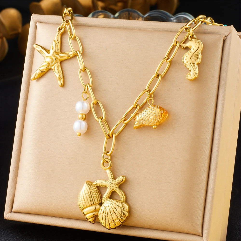 DIEYURO 316L Stainless Steel Sea Shell Starfish Conch Multiple Pendant Necklace For Women New Fashion Neck Chain Jewelry Gift