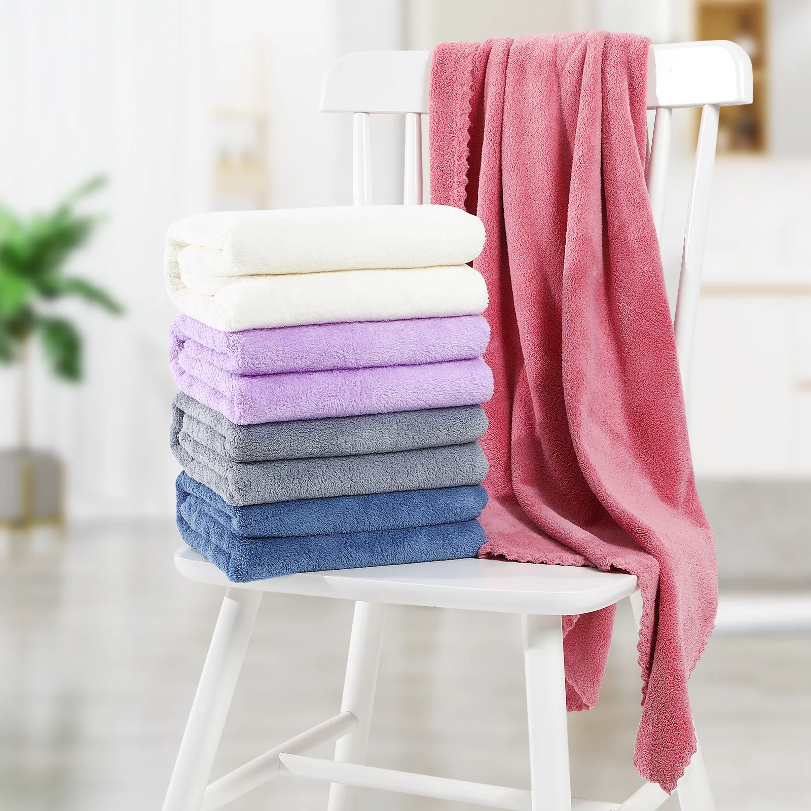 5Pcs Pure Color Embroidered Edge Bath Towels Soft Comfortable Highly Absorbent Large Towel Set for Bathroom Shower Body Use