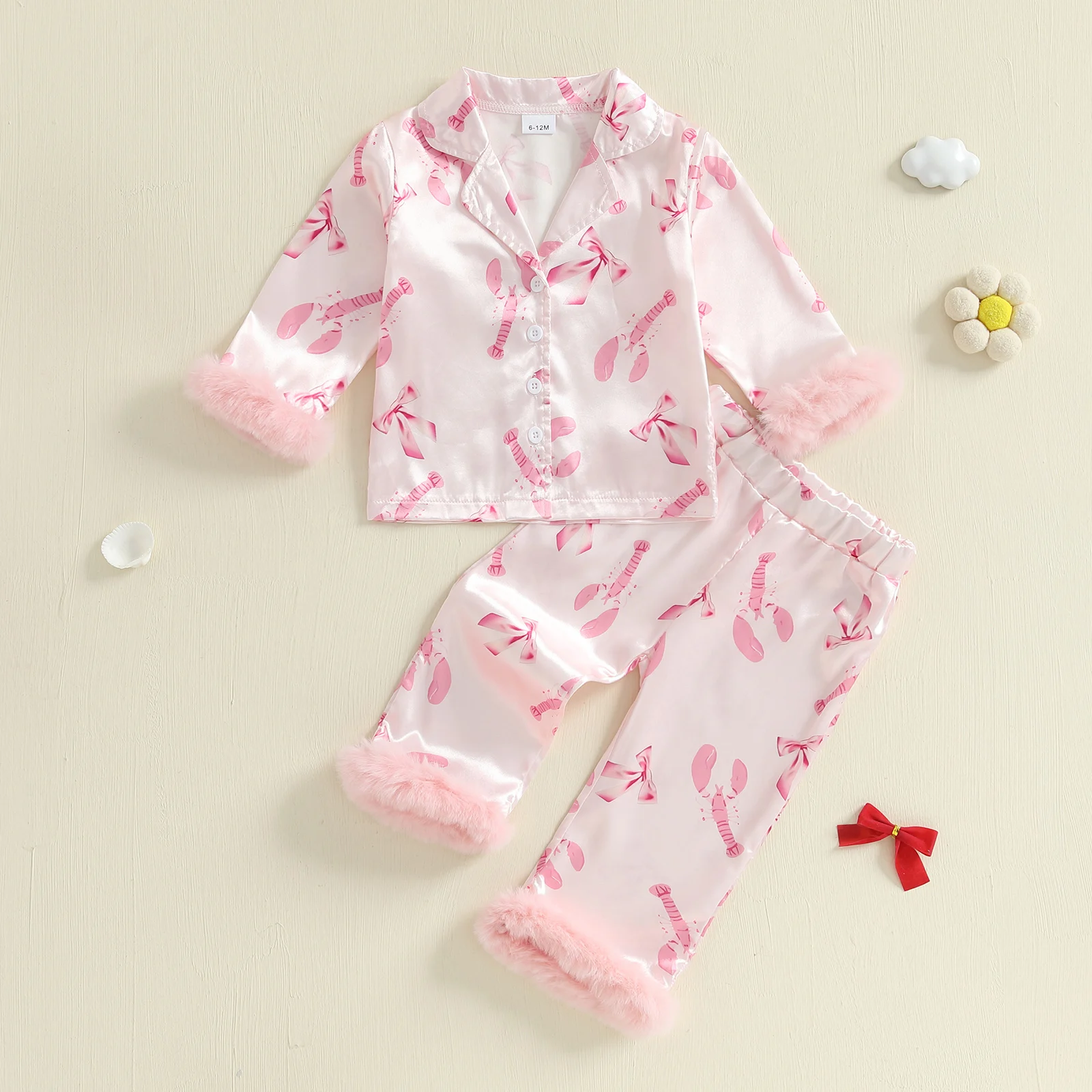 

Autumn Kids Girls Satin Pajamas Set Feather Trim Bow Lobster Print Button up Long Sleeves Shirt with Long Pants for Loungewear
