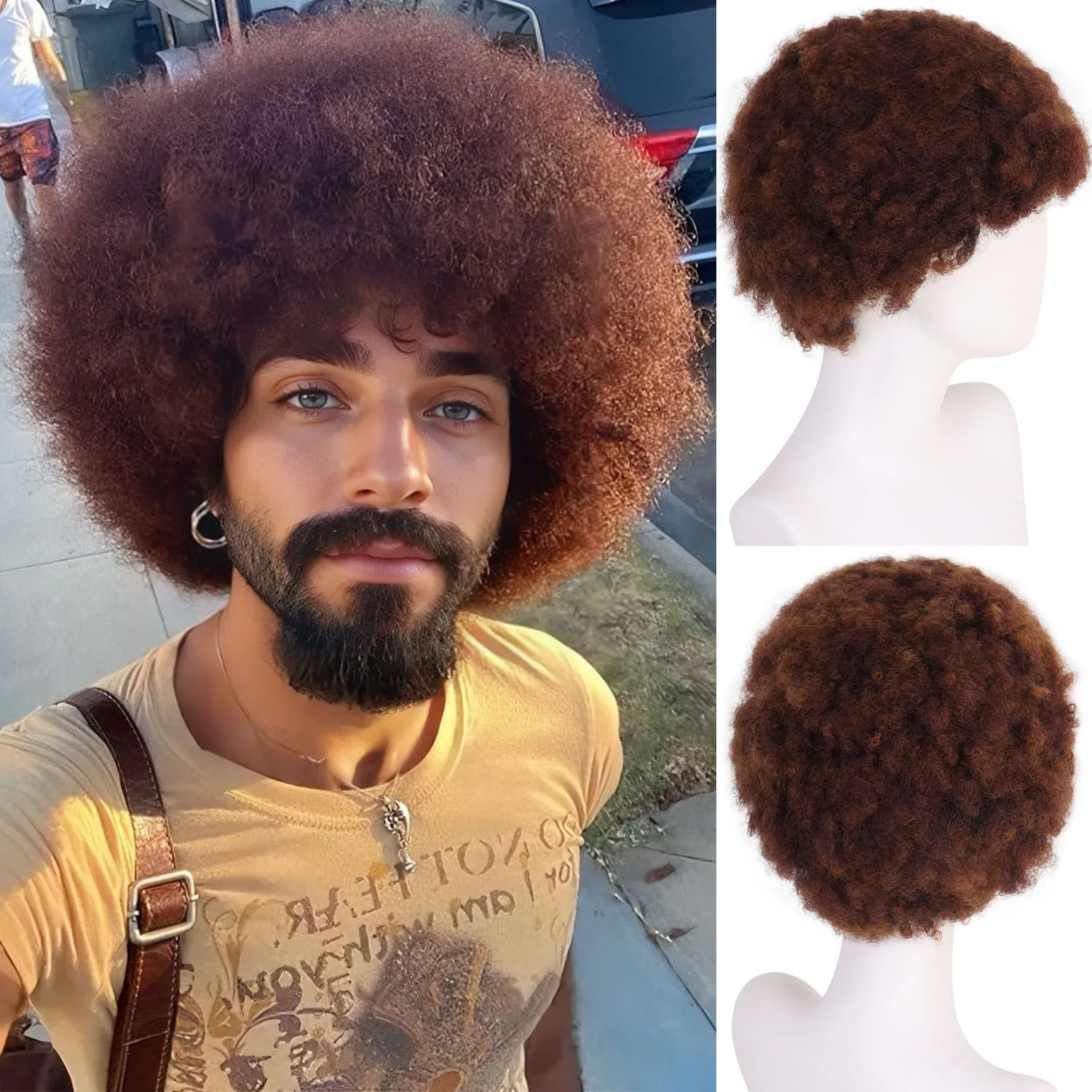 

Синтетические пушистые коричневые афро парики для мужчин, густые волосы, естественный объем, ретро парик в стиле хиппи для сценических выступлений, тематическая вечеринка, косплей