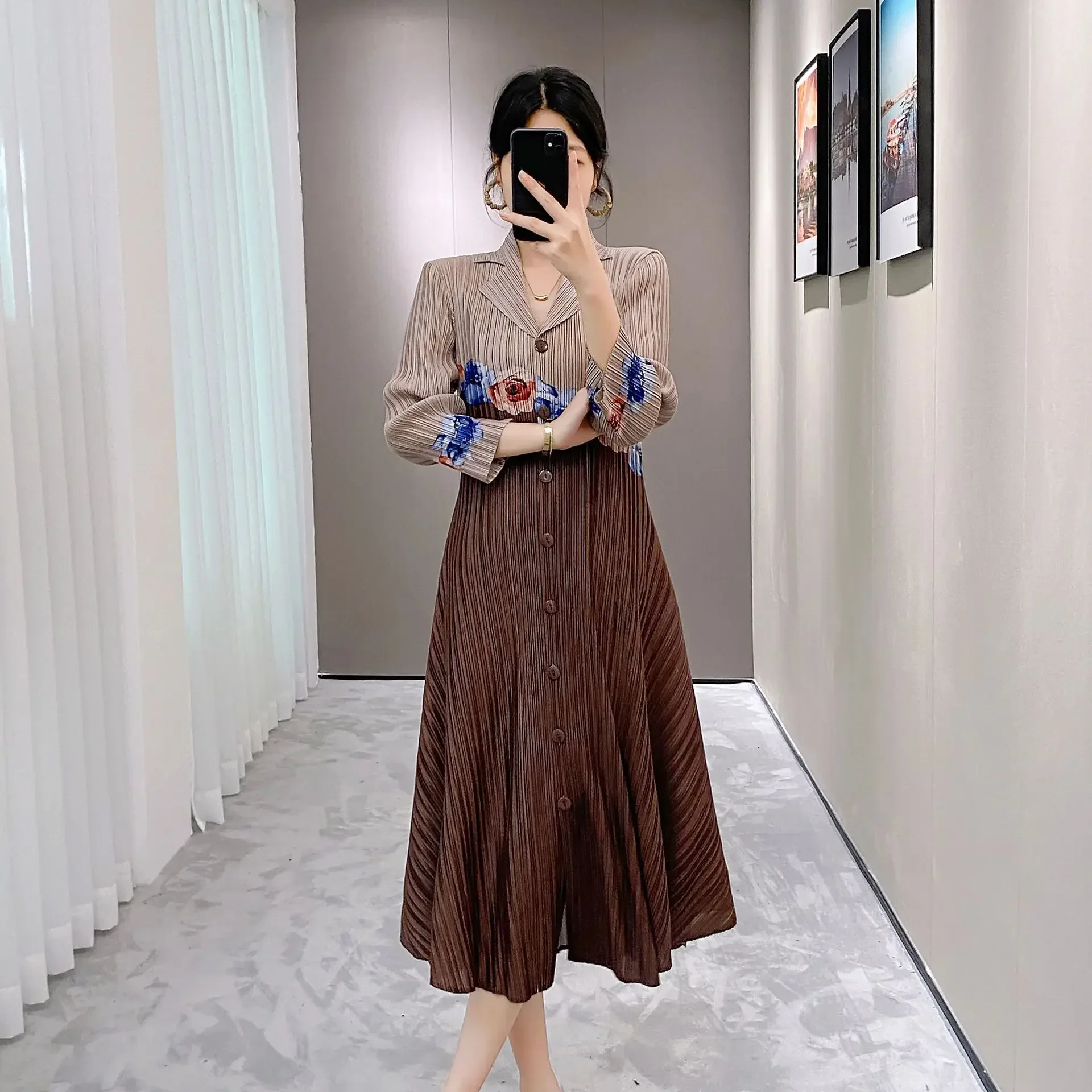 Pleats Pleated Dress French Commuter Suit Collar Printed Long Nine Minute Sleeve Temperament Vintage Splicing Dresses Clothing