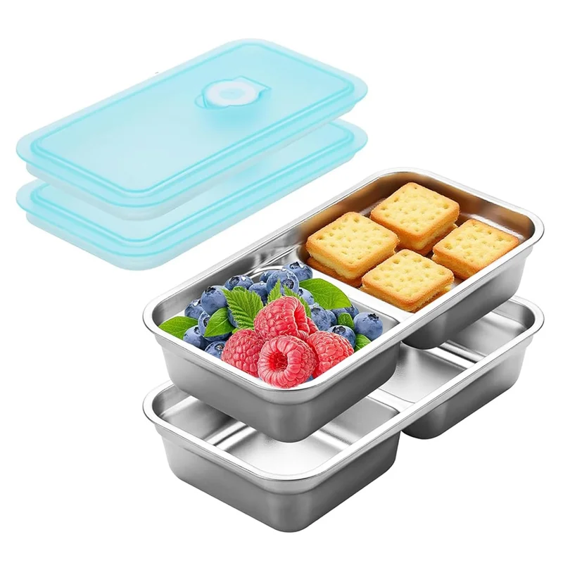 

Многоразовые контейнеры для закусок из нержавеющей стали с 2 отделениями и крышками для хранения продуктов для школы, для активного отдыха и путешествий-B60