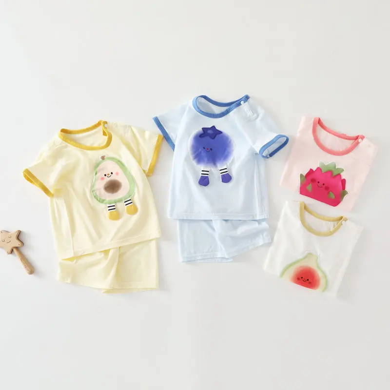 Baby 2-Piece Summer Outfit Short-Sleeve Cartoon Fruit Print T-Shirt & Shorts Set Lightweight Cool Casual Sportswear