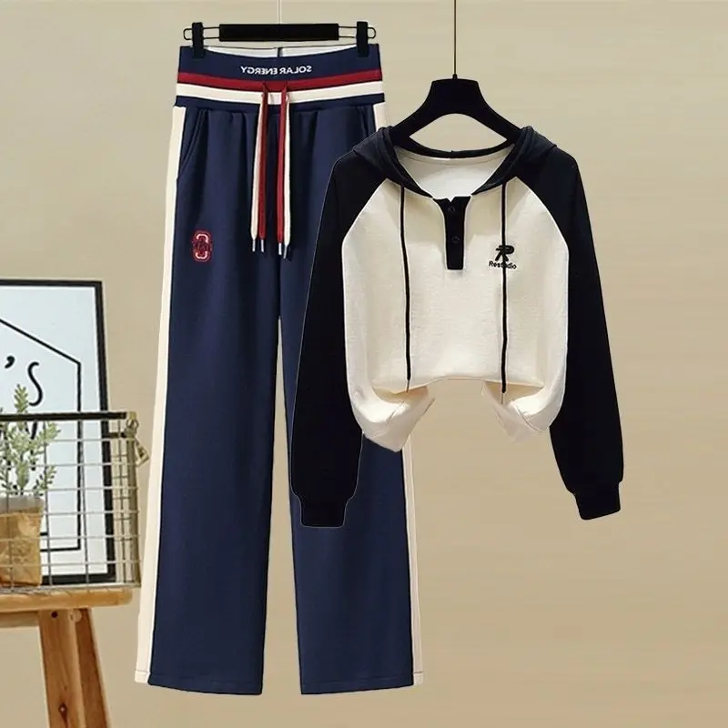 Spring and Autumn New Korean Edition Hooded Contrast Color Long Sleeved Top Spliced Fashion Sports Casual Pants Two Piece Set