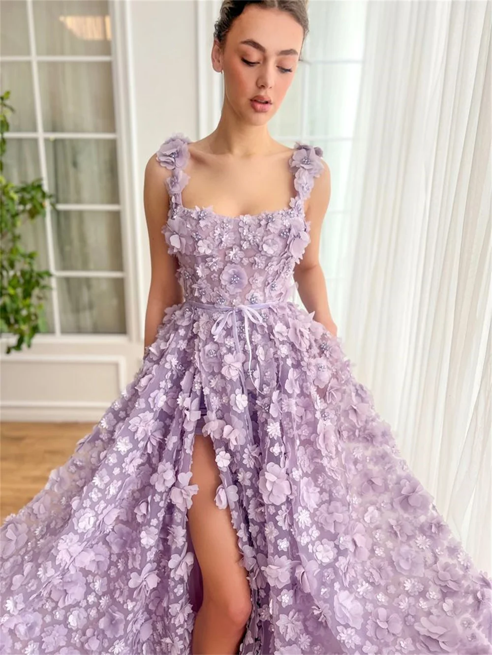 Luxury High Purple 3D Flowers Party Dresses Spaghetti Strap vestidos de fiesta Elegant Sleeveless Side Split فساتين سهرة 2024