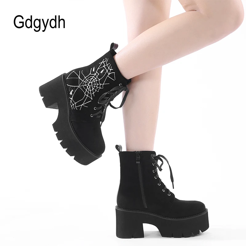 Gdgydh moda haftować kobiet Goth buty na platformie okrągłe Toe Chunky botki Punk buty zasznurować i zamek zamszowe buty wojskowe